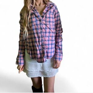 Y2K Hollister Plaid striped button up flannel pink purple long sleeve, medium